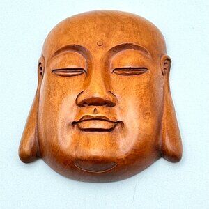 Buddha Face Hand-Carved Wood Netsuke Signed 2.5 x 3 Serenity Signed